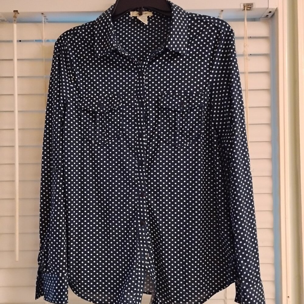 Love Potion blouse. Large. 100% polyester. Navy blue with white polka dots.